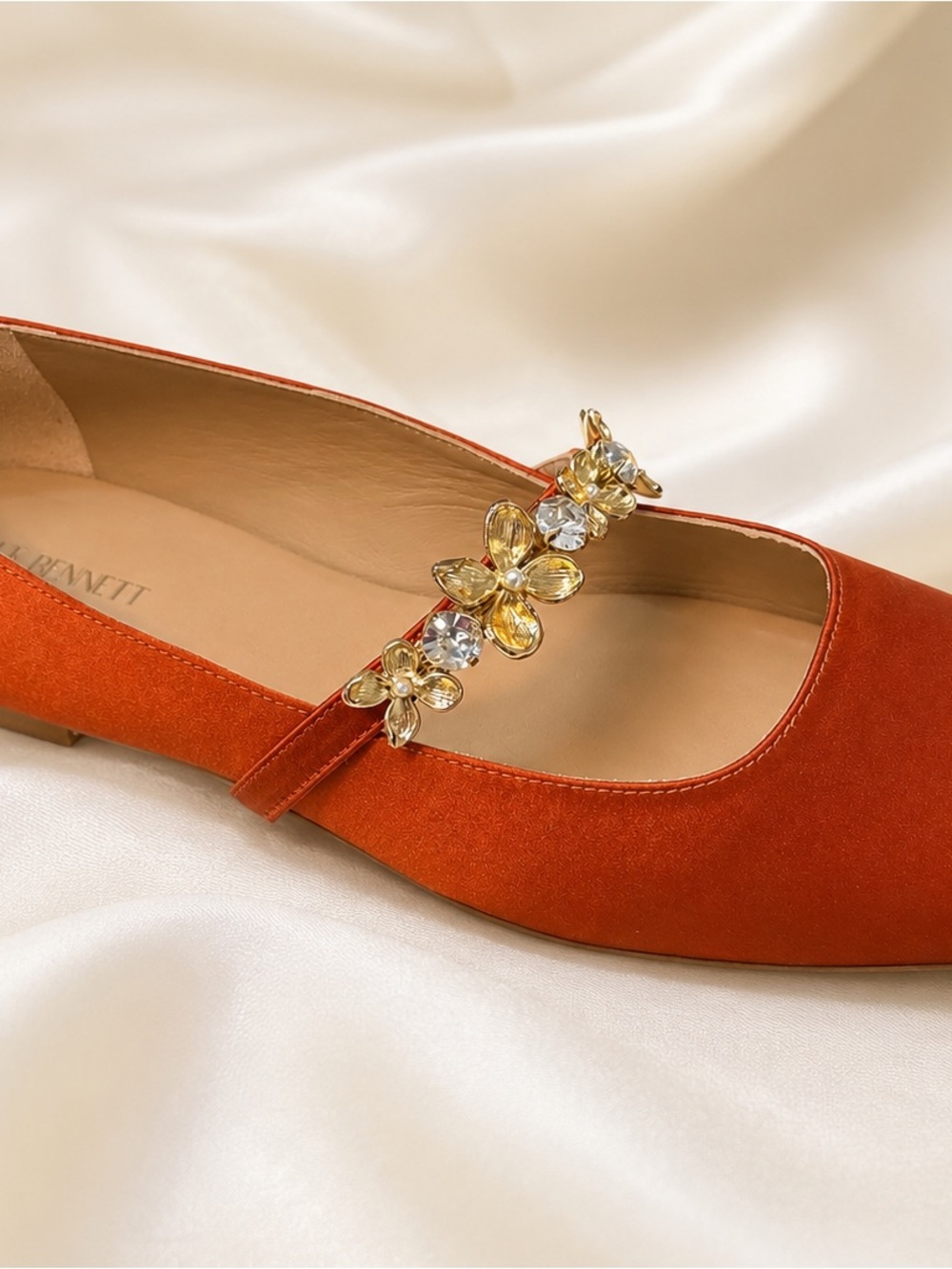 LK Bennett Rust Orange Satin Embellished Mary Jane Flats